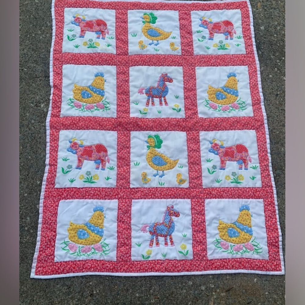 Handmade Vintage Appliqué Baby Quilt with Farm Animals - Yellow, Red, Blue
